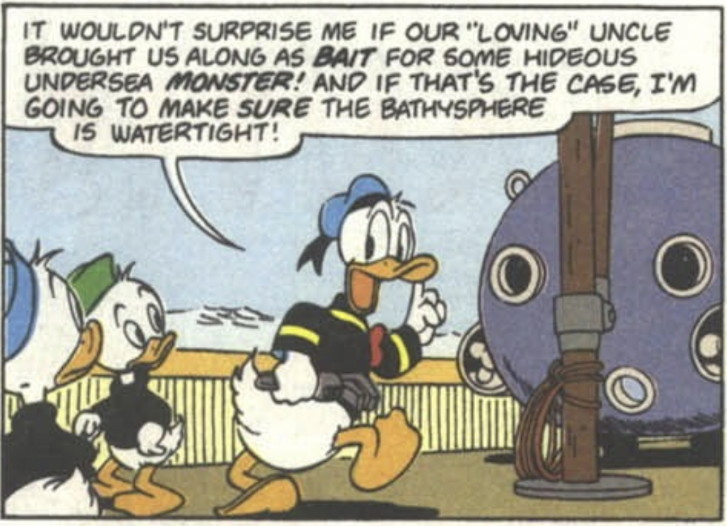 A comic book panel showing Donald Duck on a boat preparing a bathysphere to dive.